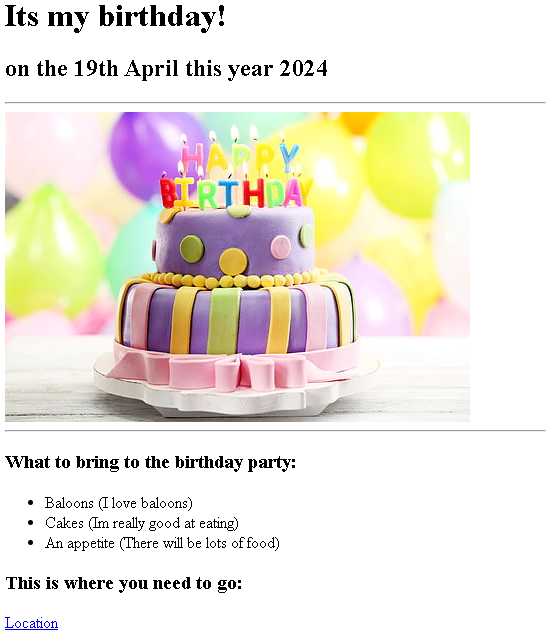 Birthday Invite webpage preview